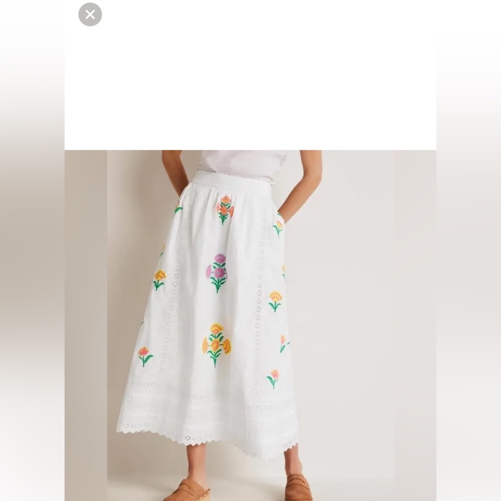 Boden White Eyelet Midi Skirt with Colorful Floral Embroidery